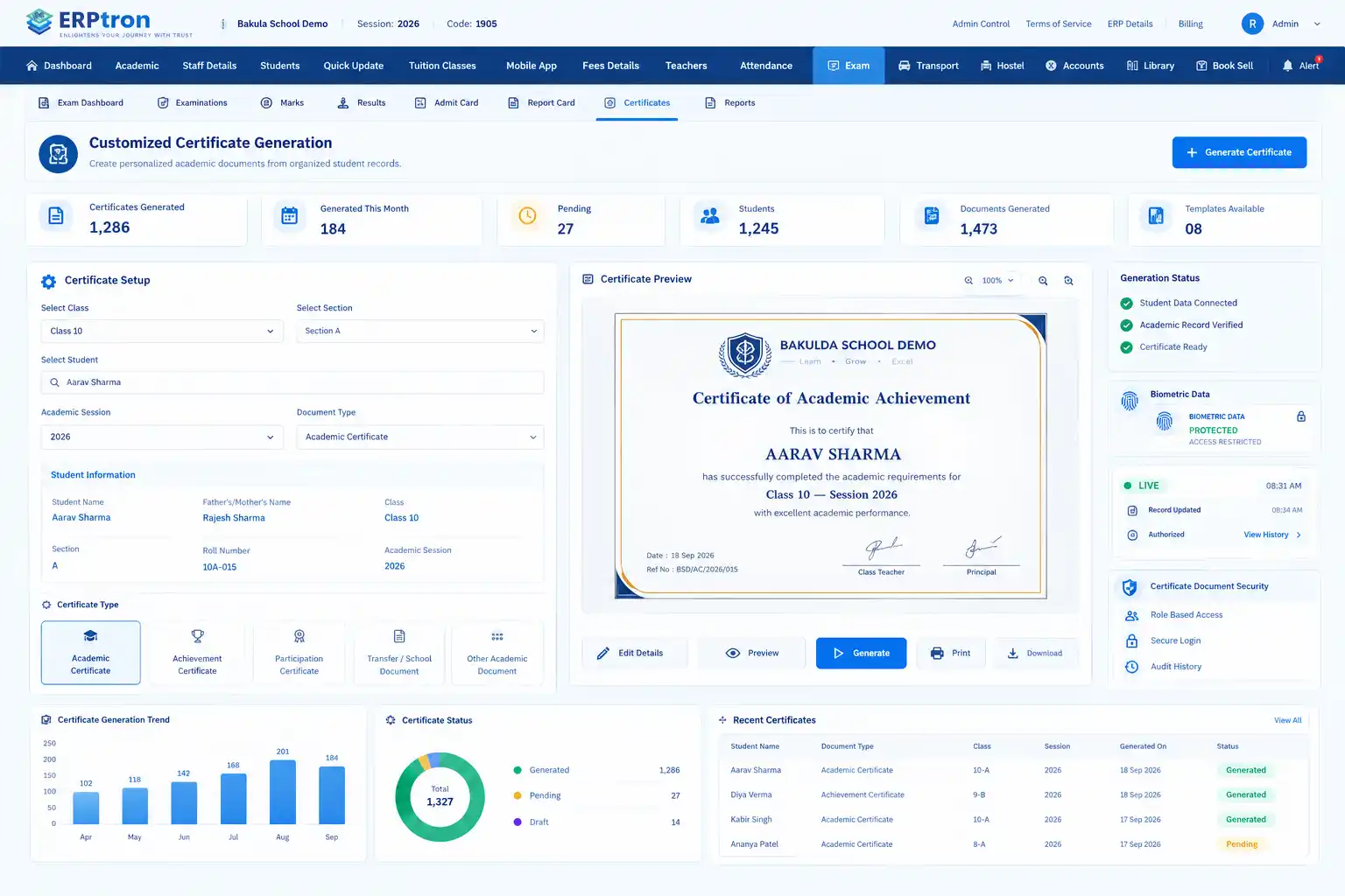 Certificate Generation dashboard